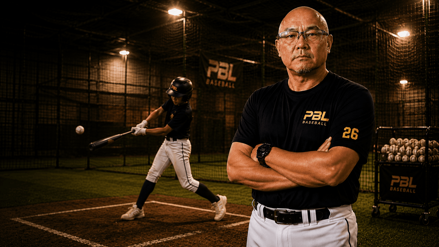 PBL Baseball hero banner with Coach Sam Lee in an indoor baseball training facility